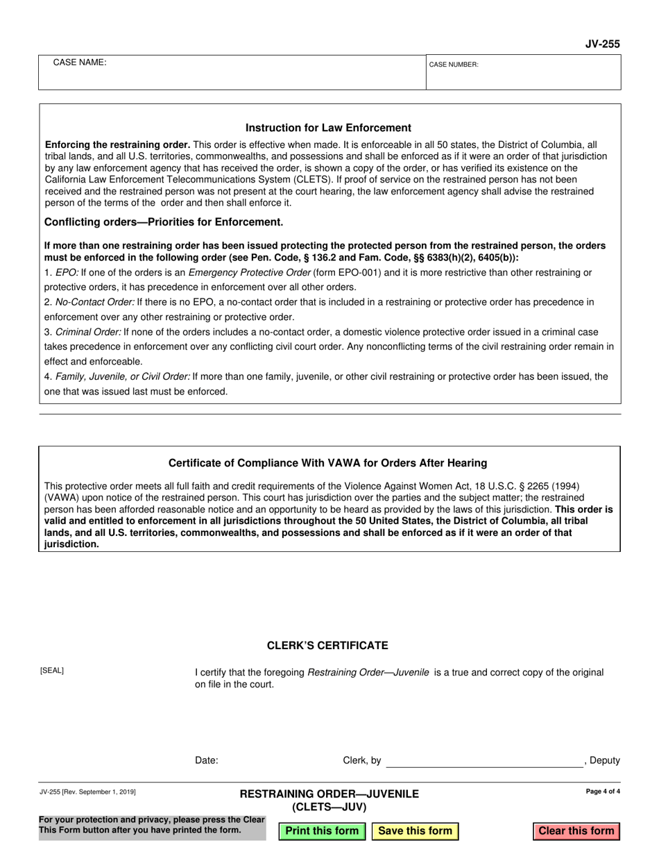 Form JV-255 Restraining Order - Juvenile - California, Page 4