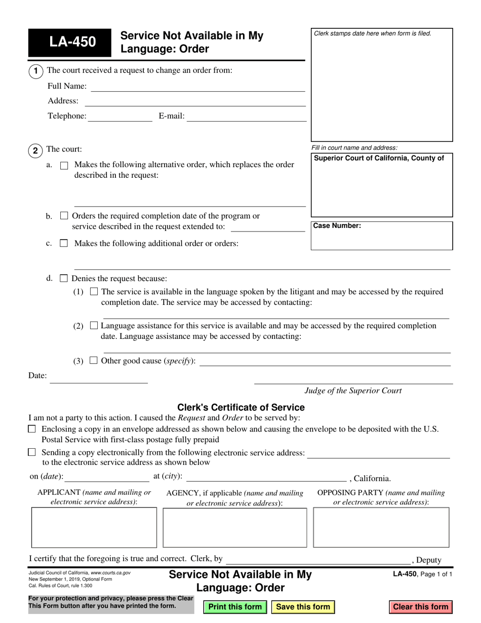 Form LA-450 Service Not Available in My Language: Order - California, Page 1