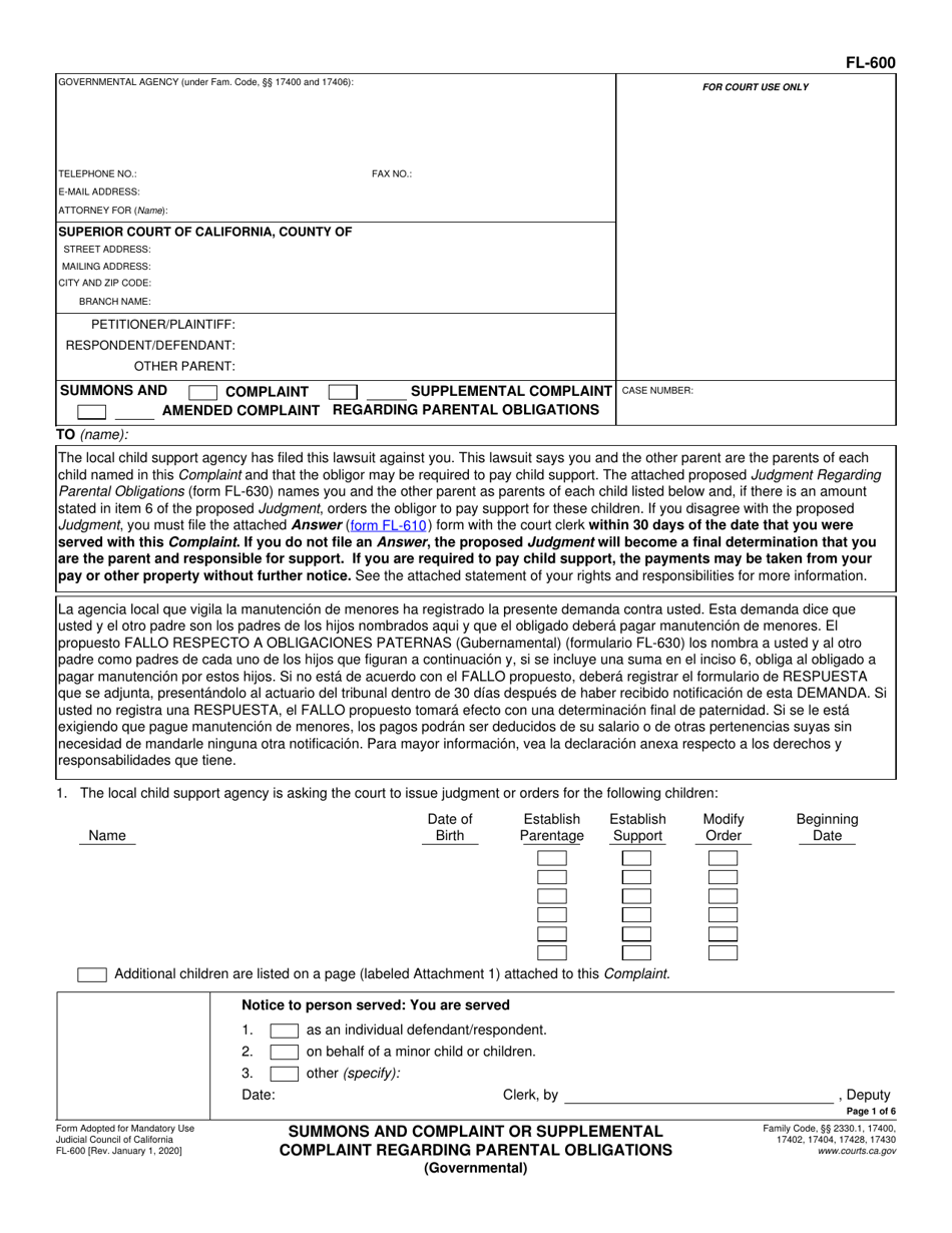 Form FL-600 Summons and Complaint or Supplemental Complaint Regarding Parental Obligations (Governmental) - California, Page 1