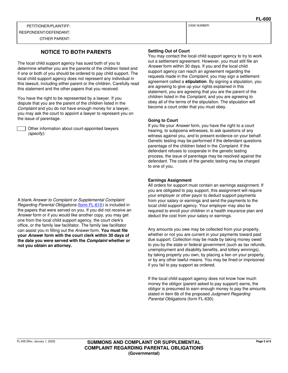 Form FL-600 Summons and Complaint or Supplemental Complaint Regarding Parental Obligations (Governmental) - California, Page 5