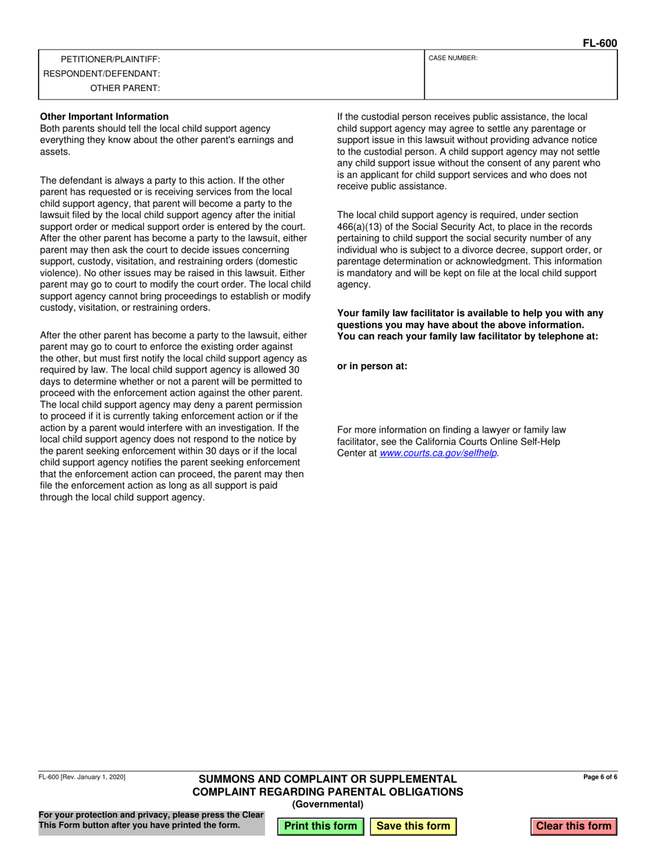Form FL-600 Summons and Complaint or Supplemental Complaint Regarding Parental Obligations (Governmental) - California, Page 6