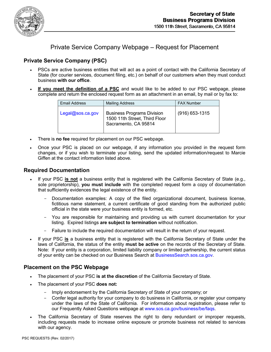 Private Service Company Webpage - Request for Placement - California, Page 1