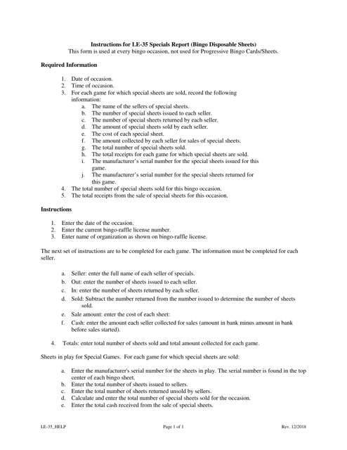 Instructions for Form LE-35 Specials Report (Bingo Disposable Sheets) - Colorado