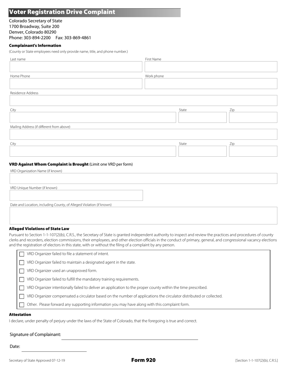 Form 920 Voter Registration Drive Complaint - Colorado, Page 1
