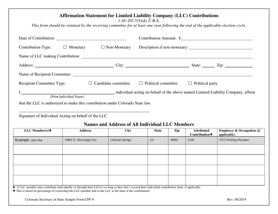 Form CPF-9 Affirmation Statement for Limited Liability Company (LLC) Contributions - Colorado, Page 1