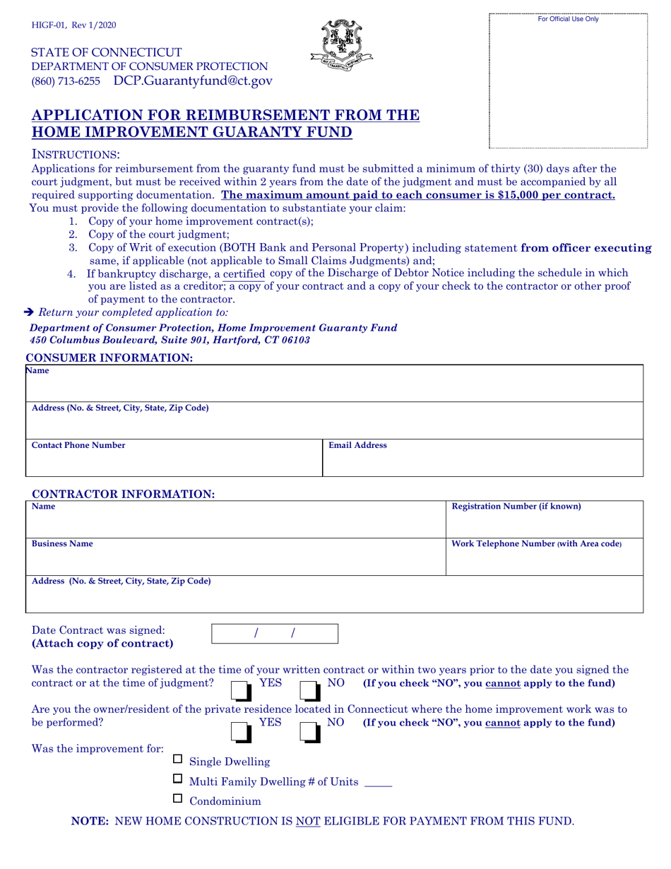 Form HIGF-01 Application for Reimbursement From the Home Improvement Guaranty Fund - Connecticut, Page 1