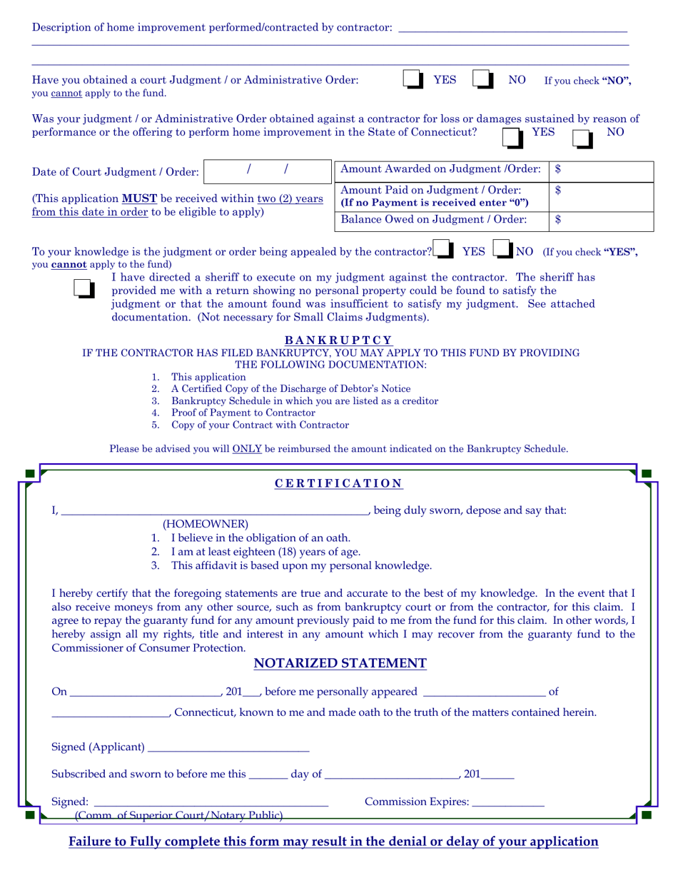 Form HIGF-01 Application for Reimbursement From the Home Improvement Guaranty Fund - Connecticut, Page 2