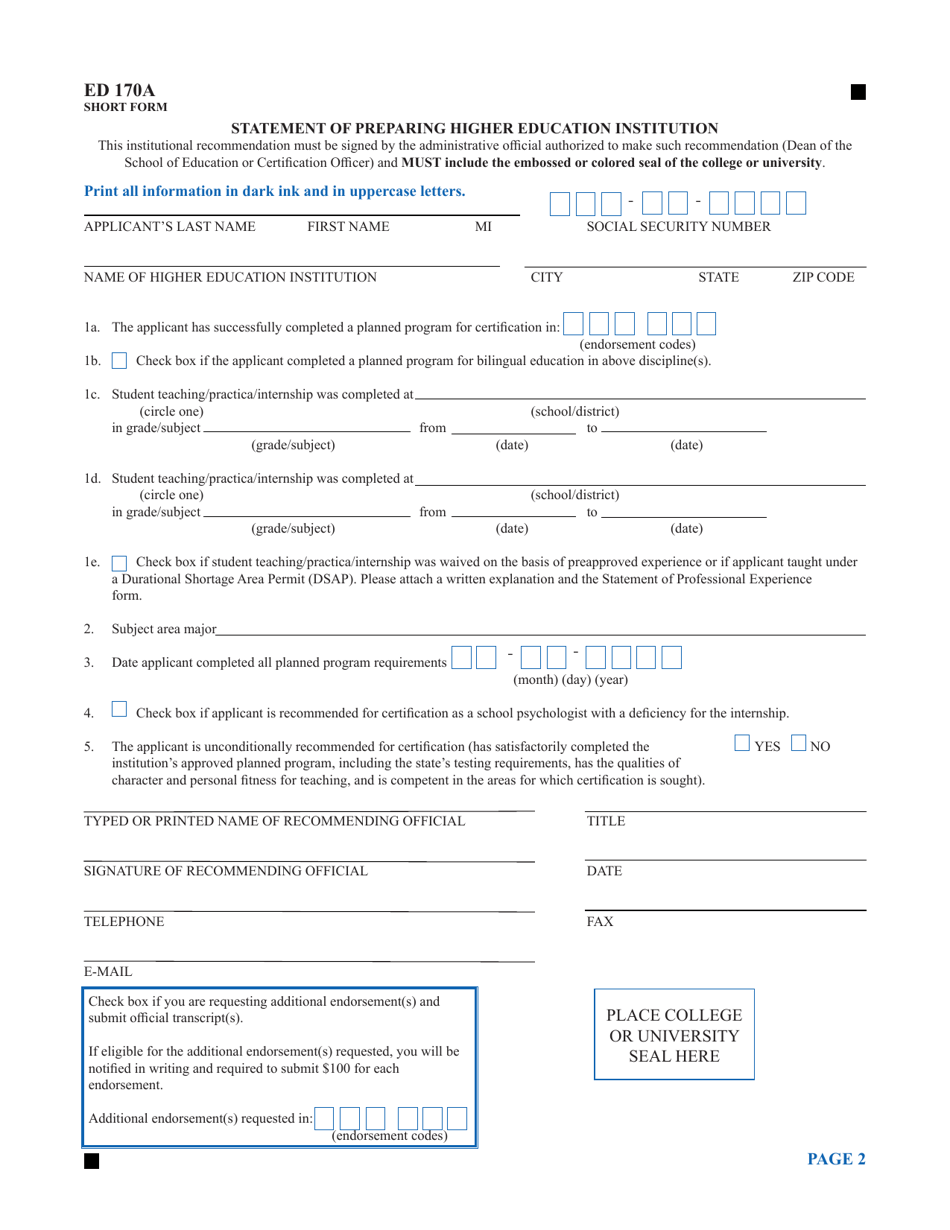 Form ED170A Short Form Application for Connecticut Initial Educator Certificate - Connecticut, Page 2