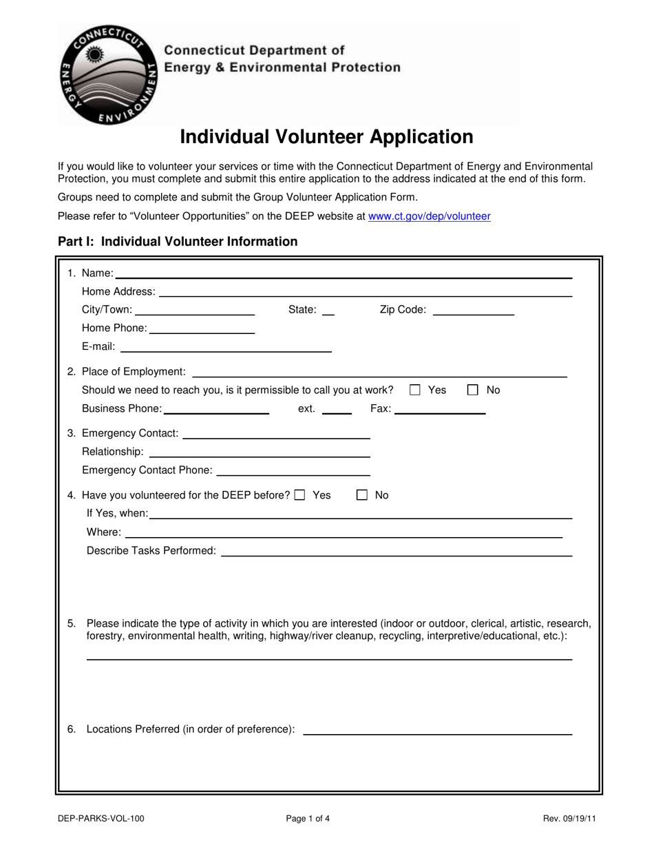 Form DEP-PARKS-VOL-100 Individual Volunteer Application - Connecticut, Page 1