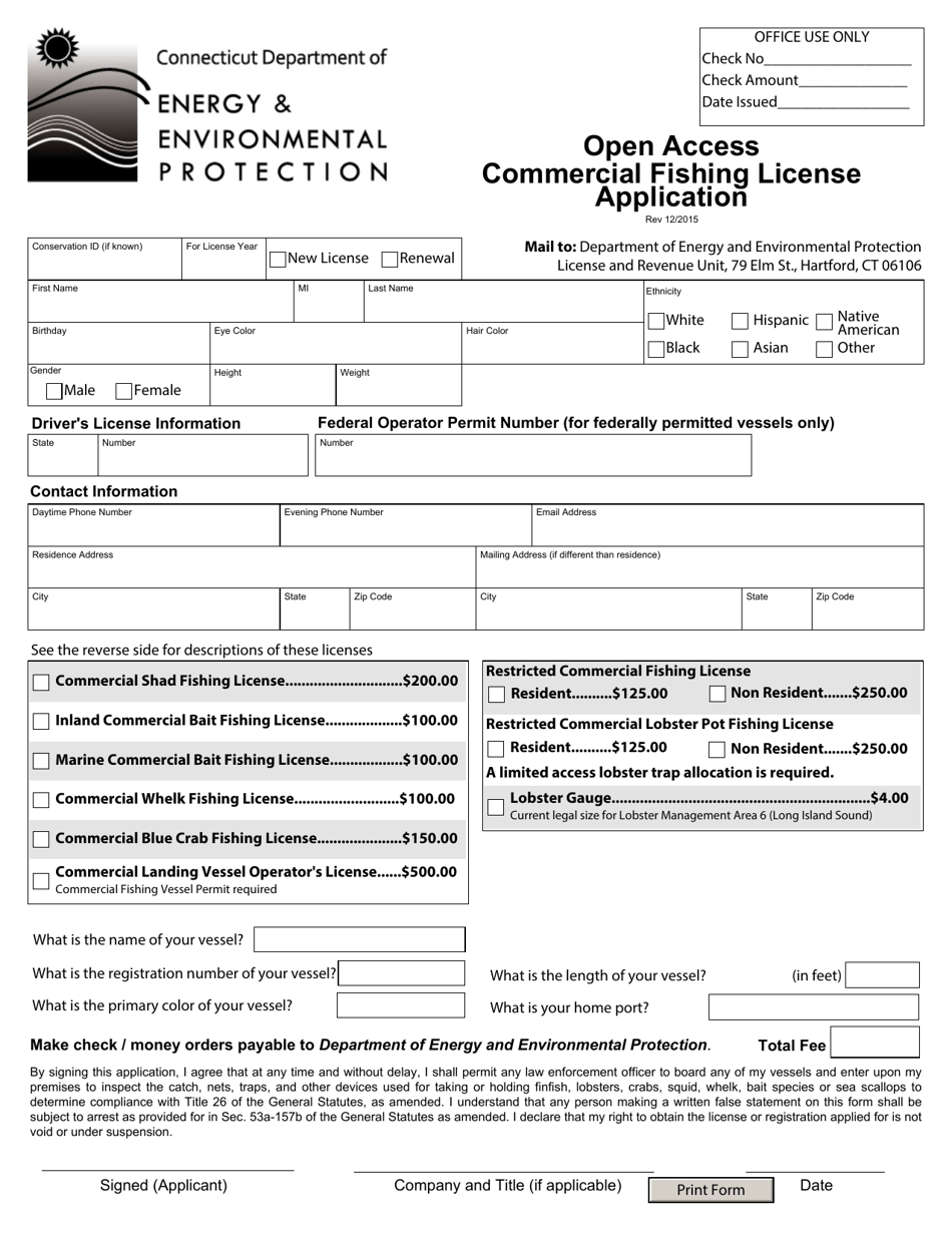 Open Access Commercial Fishing License Application - Connecticut, Page 1