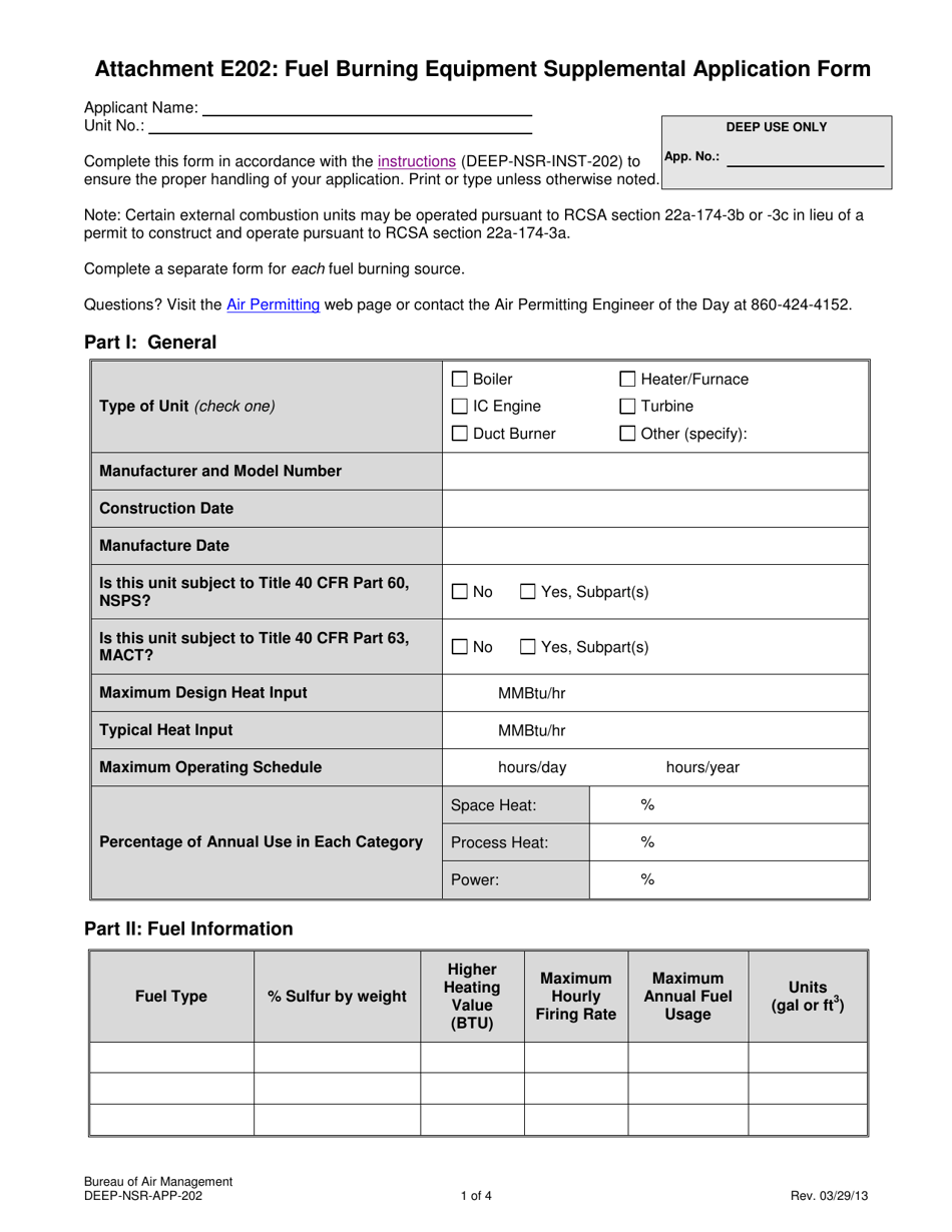 Form DEEP-NSR-APP-202 Attachment E202 Fuel Burning Equipment Supplemental Application Form - Connecticut, Page 1
