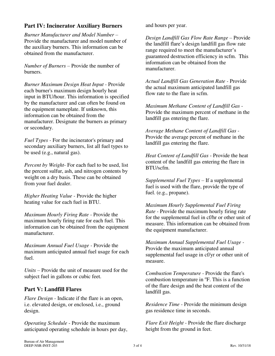 Instructions for Form DEEP-NSR-APP-203 Attachment E203 Incinerators or Landfill Flares Supplemental Application Form - Connecticut, Page 3
