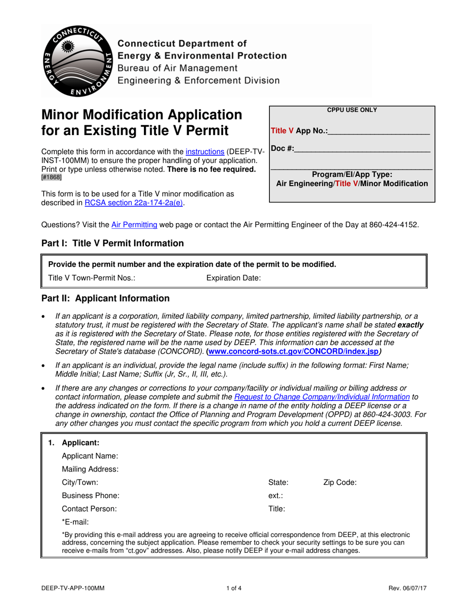 Form DEEP-TV-APP-100MM Minor Modification Application for an Existing Title V Permit - Connecticut, Page 1