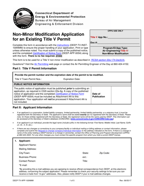 Form DEEP-TV-APP-100NMM Non-minor Modification Application for an Existing Title V Permit - Connecticut