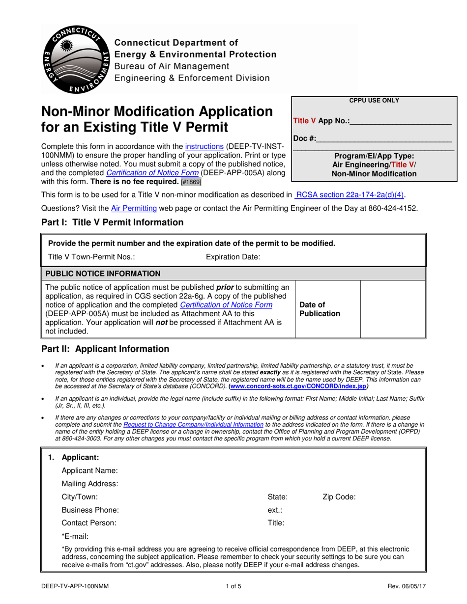 Form DEEP-TV-APP-100NMM Non-minor Modification Application for an Existing Title V Permit - Connecticut, Page 1