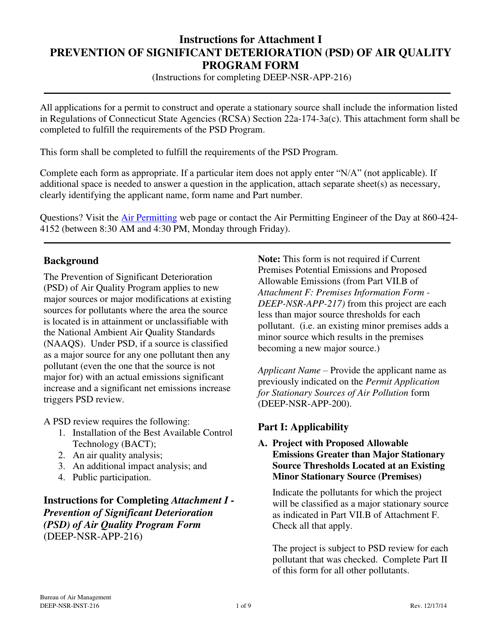 Instructions for Form DEEP-NSR-APP-216 Attachment I Prevention of Significant Deterioration (Psd) of Air Quality - Connecticut