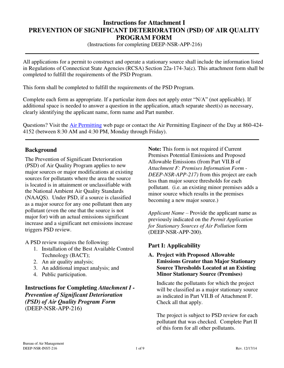 Instructions for Form DEEP-NSR-APP-216 Attachment I Prevention of Significant Deterioration (Psd) of Air Quality - Connecticut, Page 1