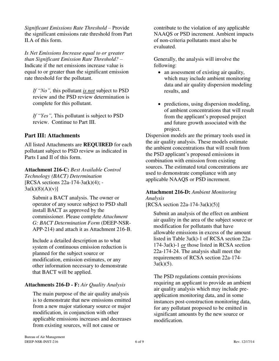 Instructions for Form DEEP-NSR-APP-216 Attachment I Prevention of Significant Deterioration (Psd) of Air Quality - Connecticut, Page 6