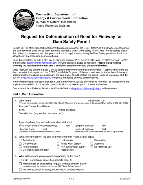 Form DEEP-FISH-APP-006 Request for Determination of Need for Fishway for Dam Safety Permit - Connecticut
