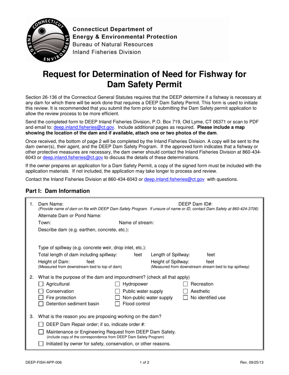 Form DEEP-FISH-APP-006 Request for Determination of Need for Fishway for Dam Safety Permit - Connecticut, Page 1