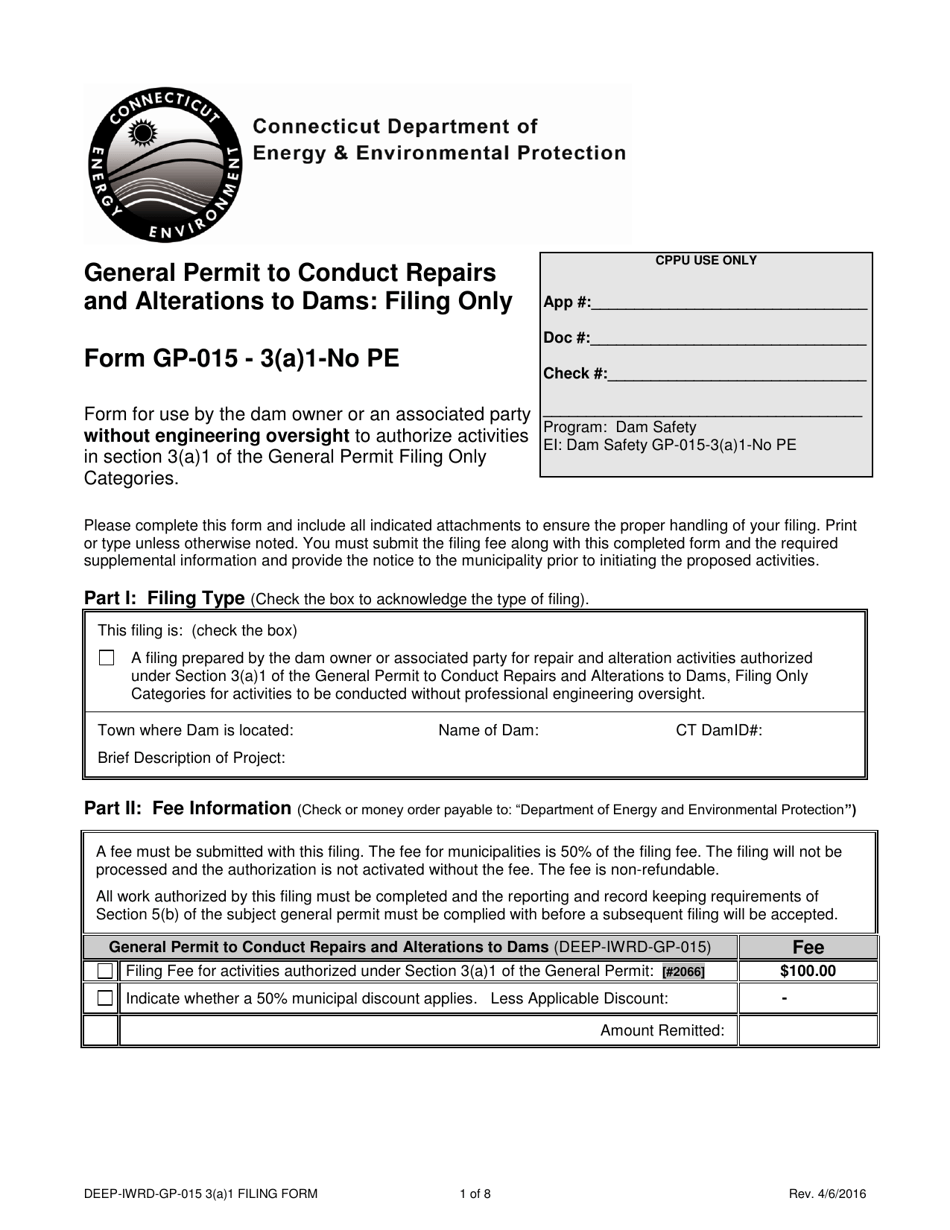 Form DEEP-IWRD-GP-015 3(A)1 (GP-015-3(A)1-NO PE) General Permit to Conduct Repairs and Alterations to Dams - Connecticut, Page 1