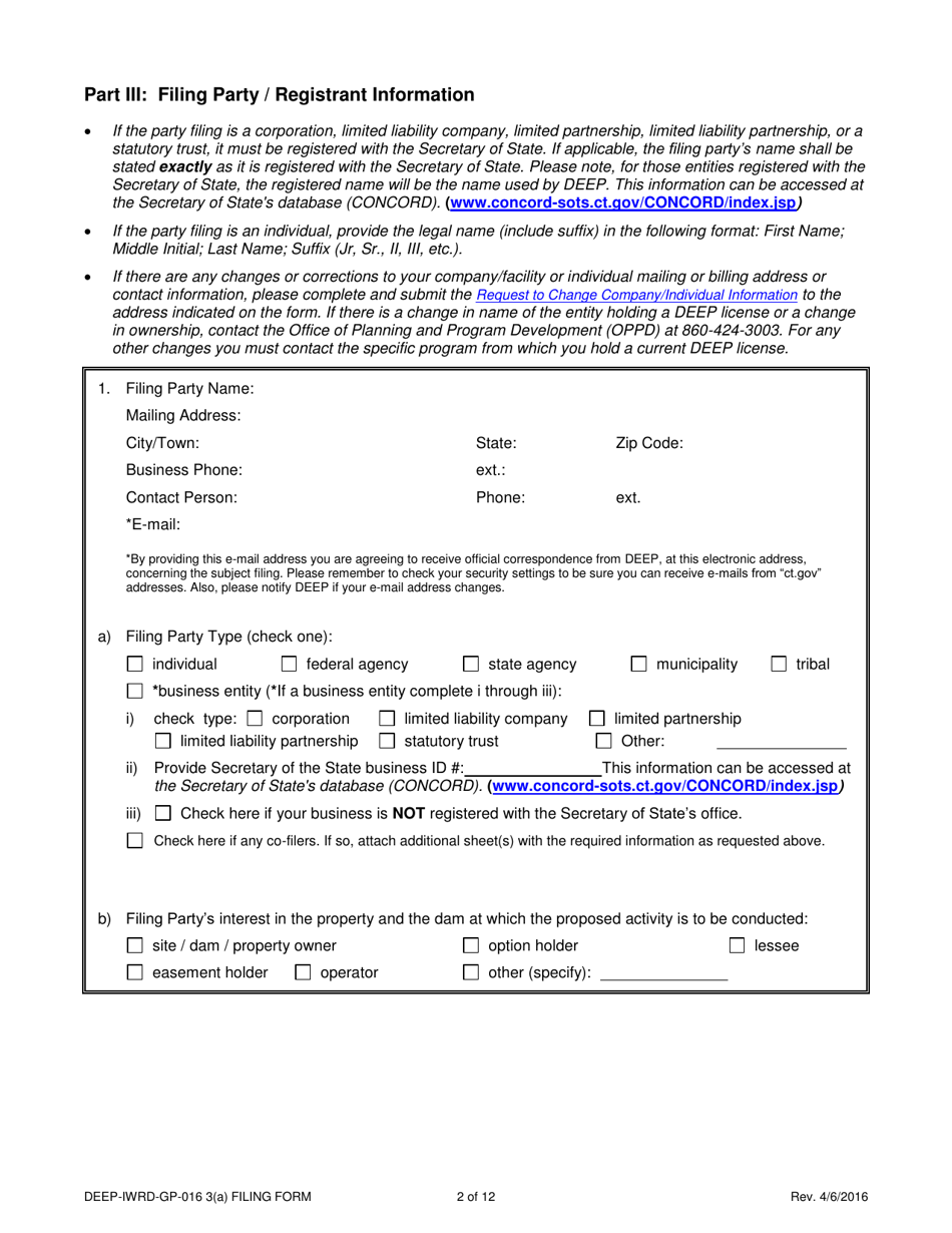 Form DEEP-IWRD-GP-016 3(A) (GP-016-3(A)) General Permit to Conduct Repairs and Alterations to Dams - Connecticut, Page 2