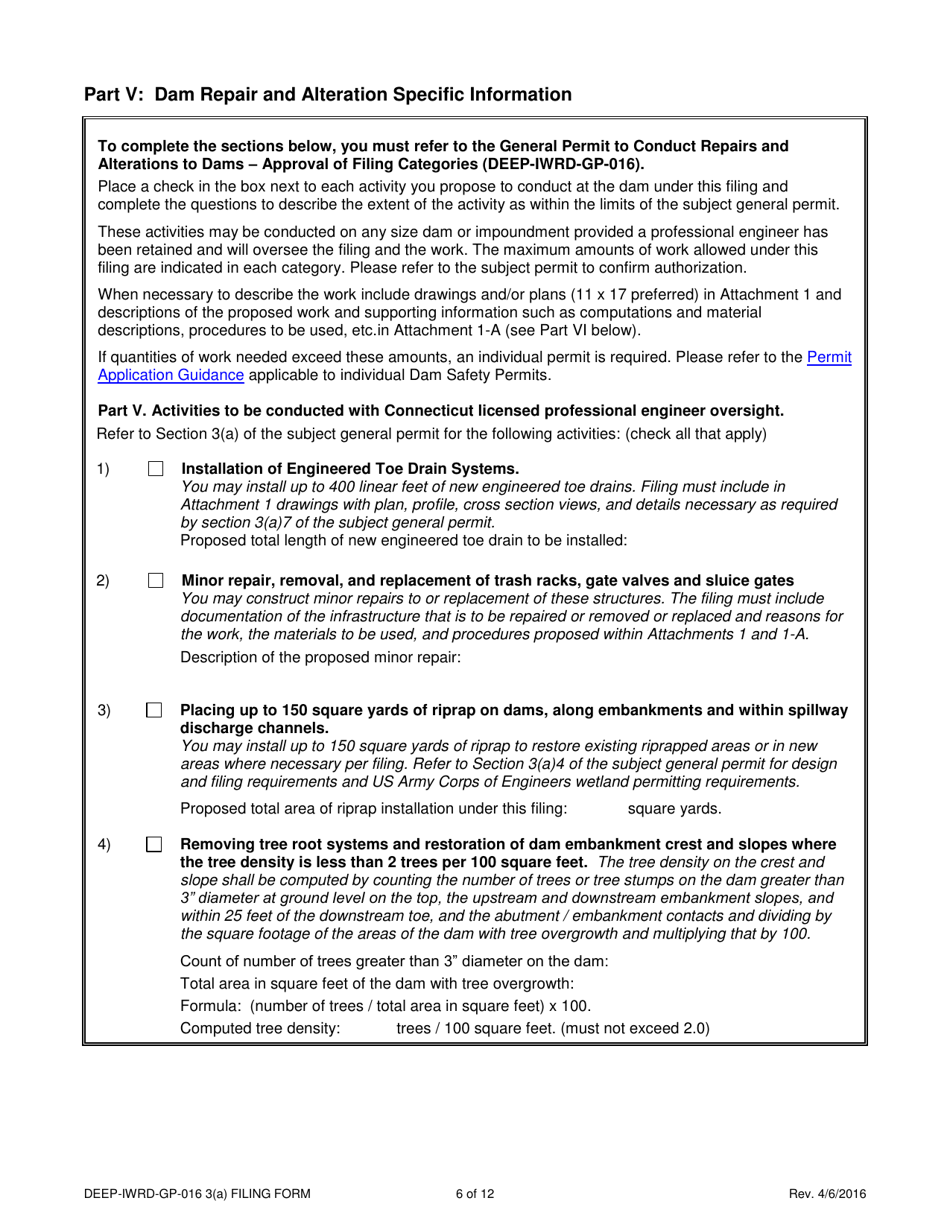 Form DEEP-IWRD-GP-016 3(A) (GP-016-3(A)) General Permit to Conduct Repairs and Alterations to Dams - Connecticut, Page 6