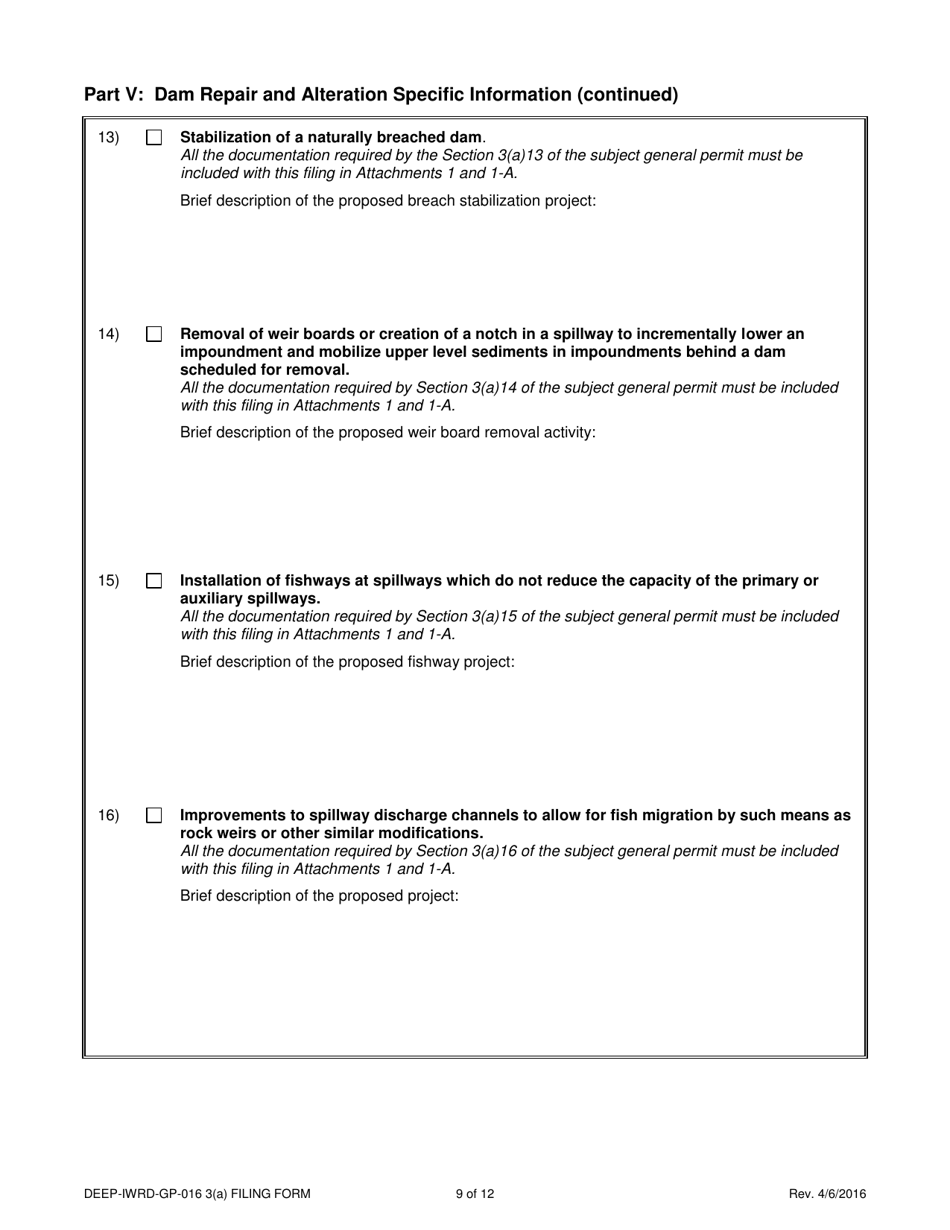 Form DEEP-IWRD-GP-016 3(A) (GP-016-3(A)) General Permit to Conduct Repairs and Alterations to Dams - Connecticut, Page 9