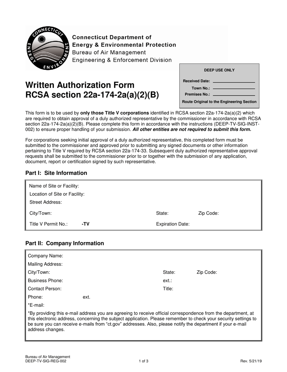 Form DEEP-TV-SIG-REG-002 Written Authorization Form Rcsa Section 22a-174-2a(A)(2)(B) - Connecticut, Page 1