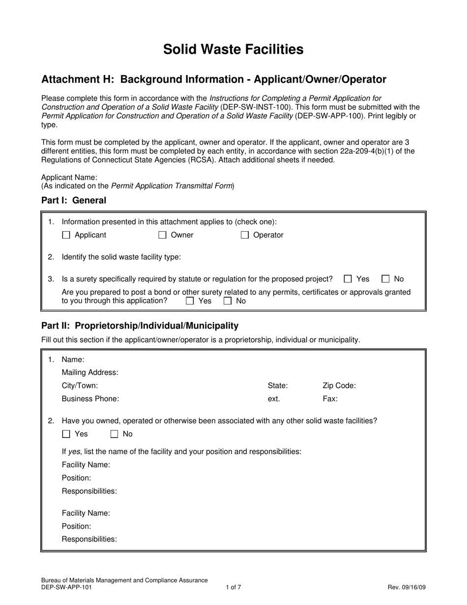 Form DEP-SW-APP-101 Attachment H Solid Waste Facilities Background Information - Applicant / Owner / Operator - Connecticut, Page 1