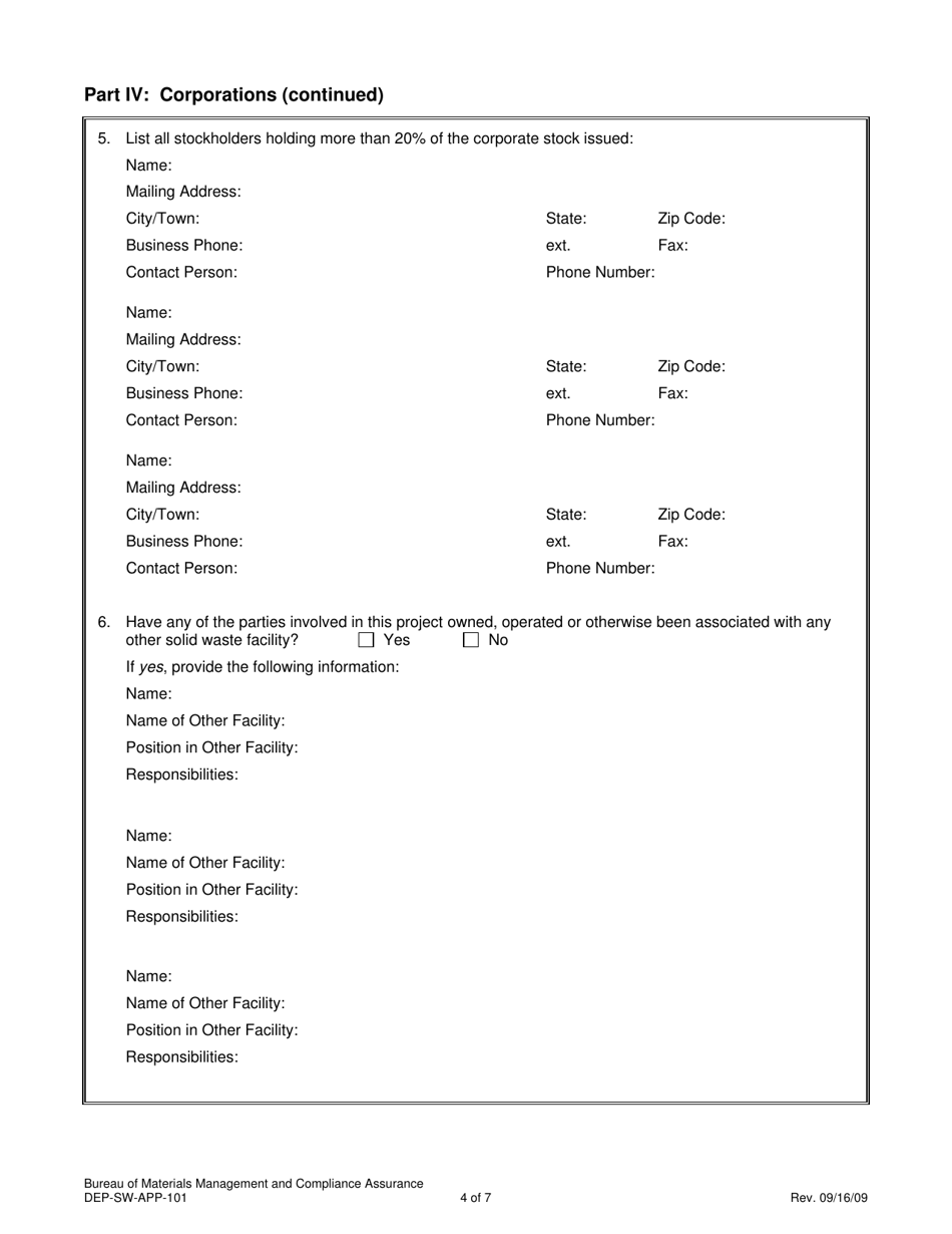 Form DEP-SW-APP-101 Attachment H Solid Waste Facilities Background Information - Applicant / Owner / Operator - Connecticut, Page 4