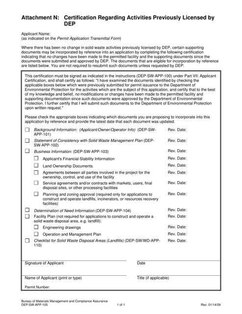 Form DEP-SW-APP-105 Attachment N Certification Regarding Activities Previously Licensed by Dep - Connecticut