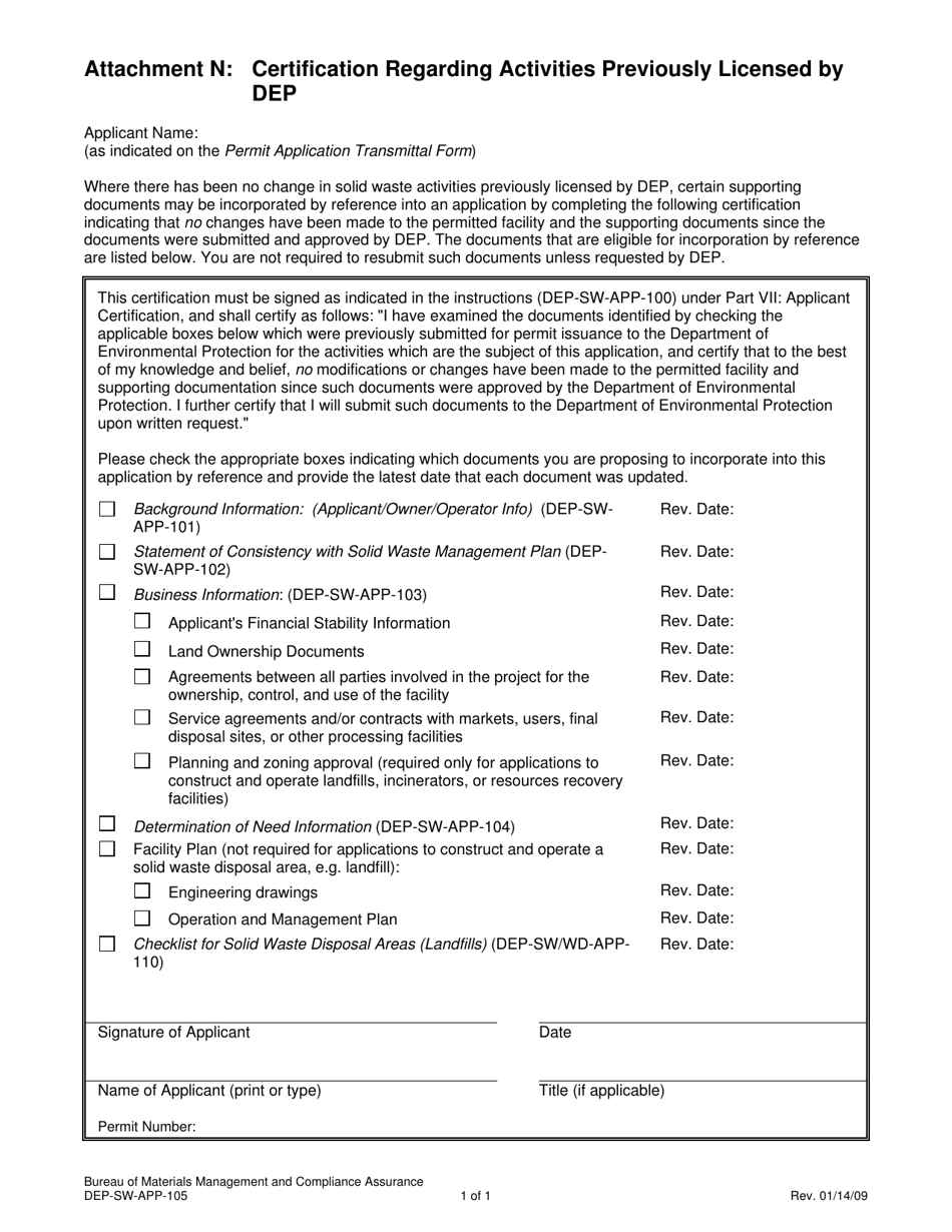 Form DEP-SW-APP-105 Attachment N Certification Regarding Activities Previously Licensed by Dep - Connecticut, Page 1