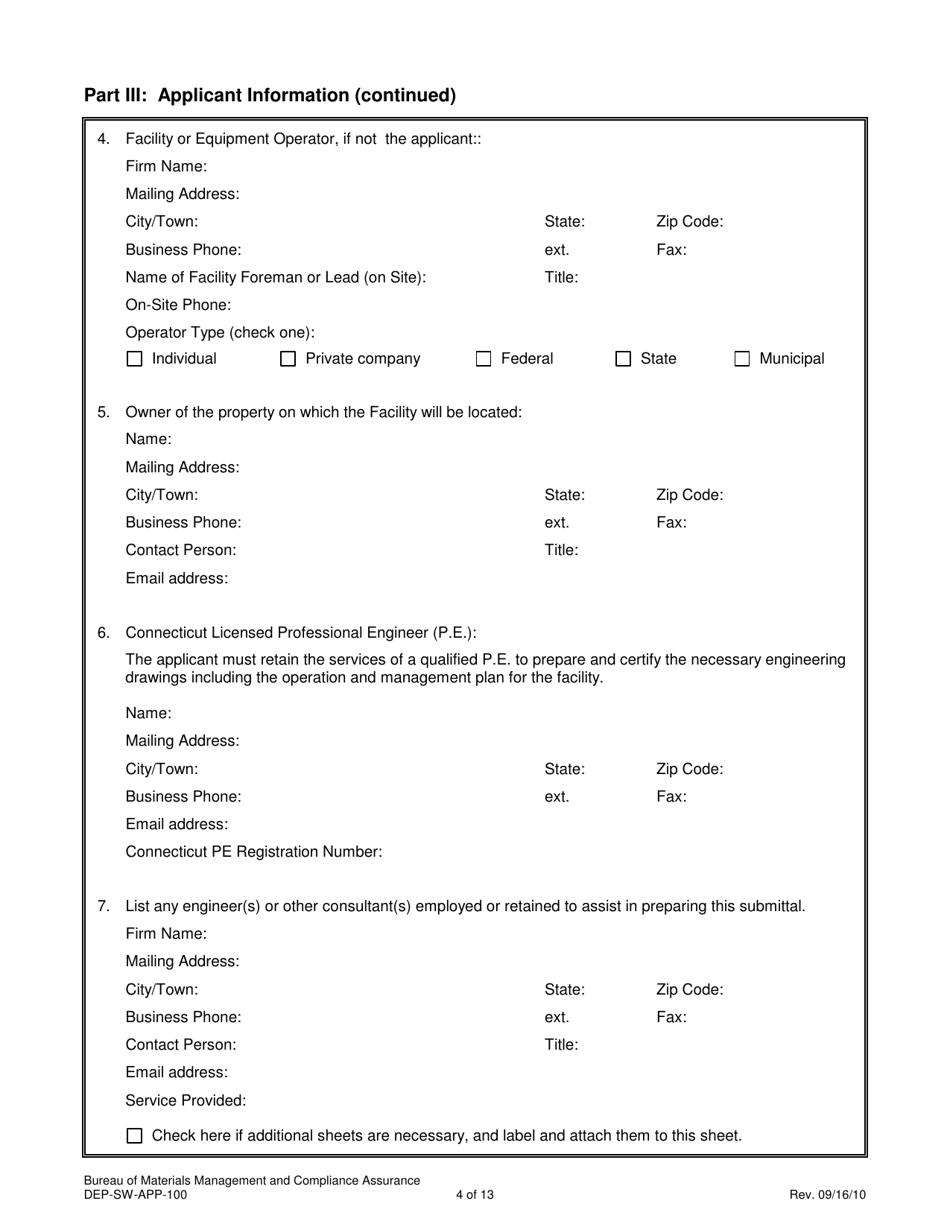 Form DEP-SW-APP-100 Permit Application for Construction and Operation of a Solid Waste Facility - Connecticut, Page 4