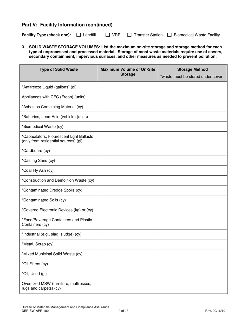 Form DEP-SW-APP-100 Permit Application for Construction and Operation of a Solid Waste Facility - Connecticut, Page 9