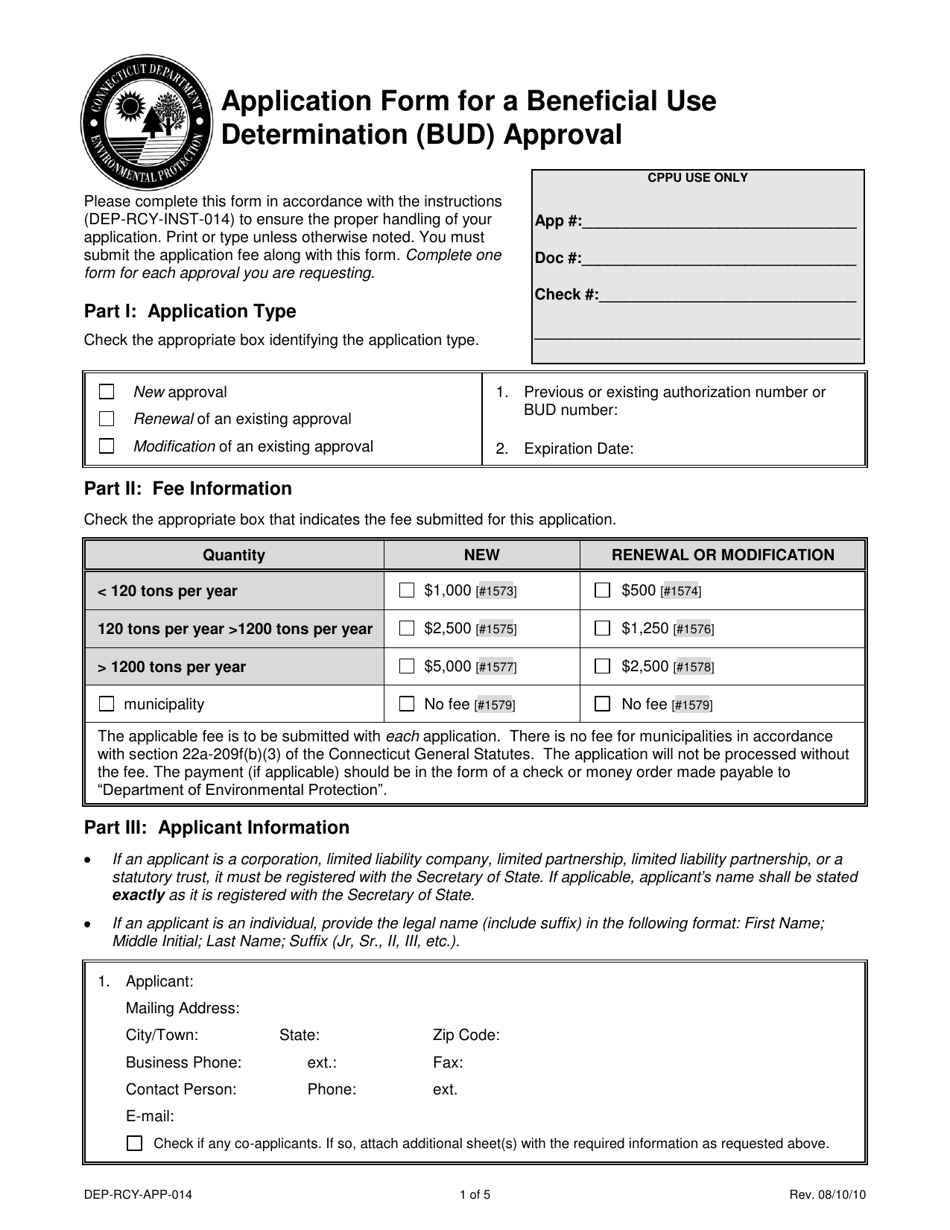Form DEP-RCY-REG-014 Application Form for a Beneficial Use Determination (Bud) Approval - Connecticut, Page 1