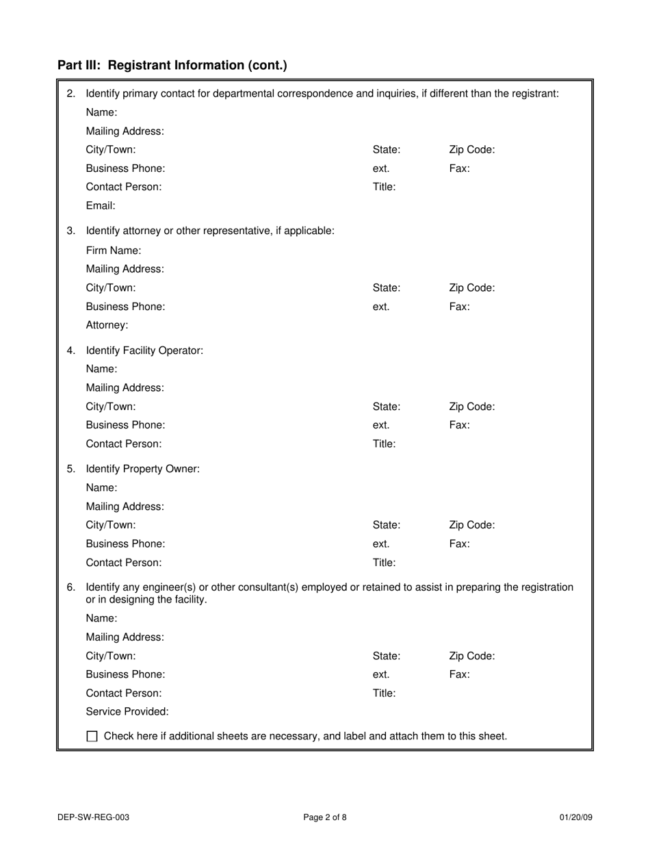 Form DEP-SW-REG-003 Registration Form for a Connecticut Solid Waste Demonstration Project - Connecticut, Page 2