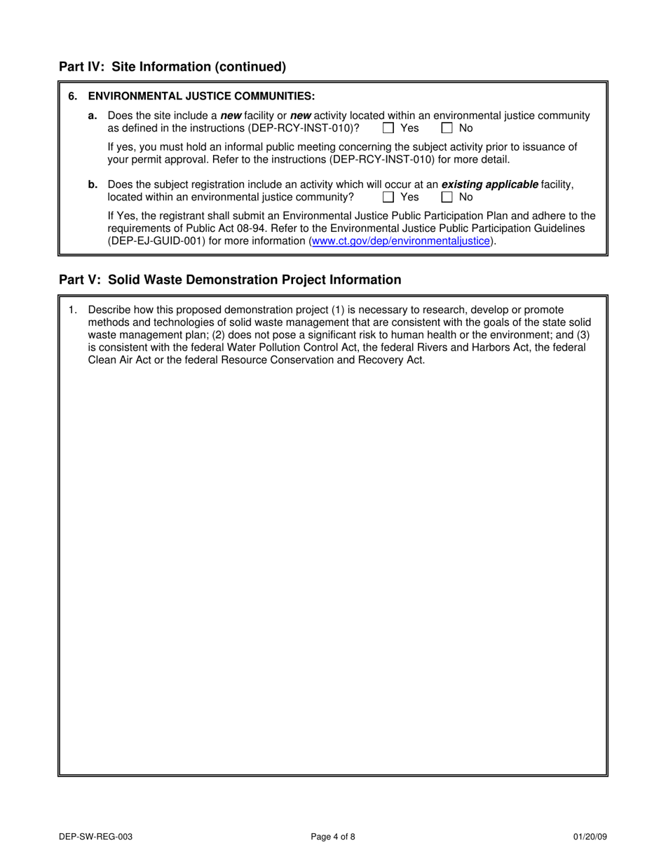 Form DEP-SW-REG-003 Registration Form for a Connecticut Solid Waste Demonstration Project - Connecticut, Page 4