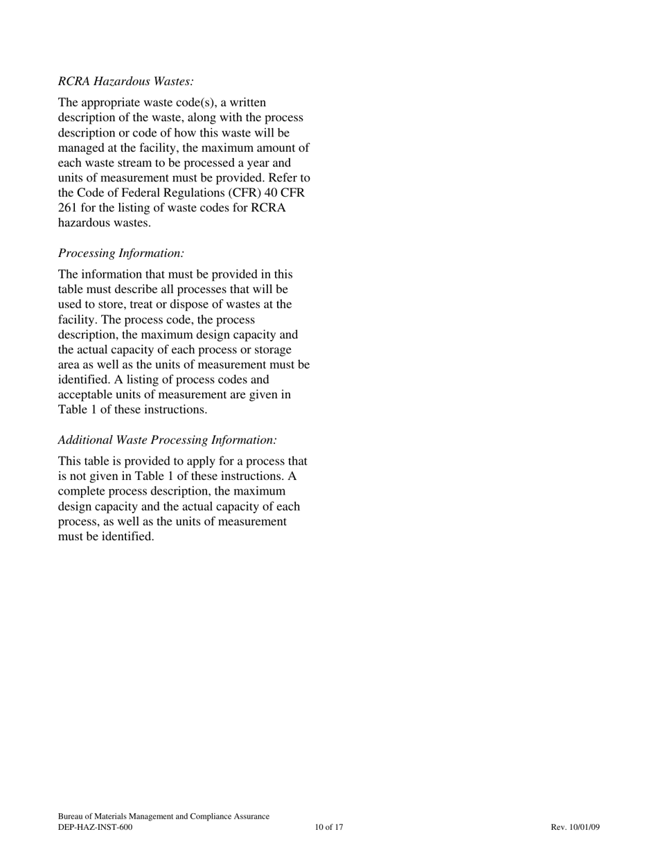 Instructions for Form DEP-HAZ-APP-600 Permit Application for Facilities Which Treat, Store or Dispose of Their Own Rcra Hazardous Waste - Connecticut, Page 10