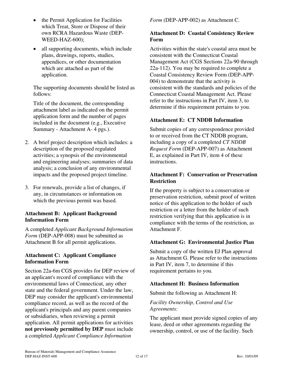 Instructions for Form DEP-HAZ-APP-600 Permit Application for Facilities Which Treat, Store or Dispose of Their Own Rcra Hazardous Waste - Connecticut, Page 12