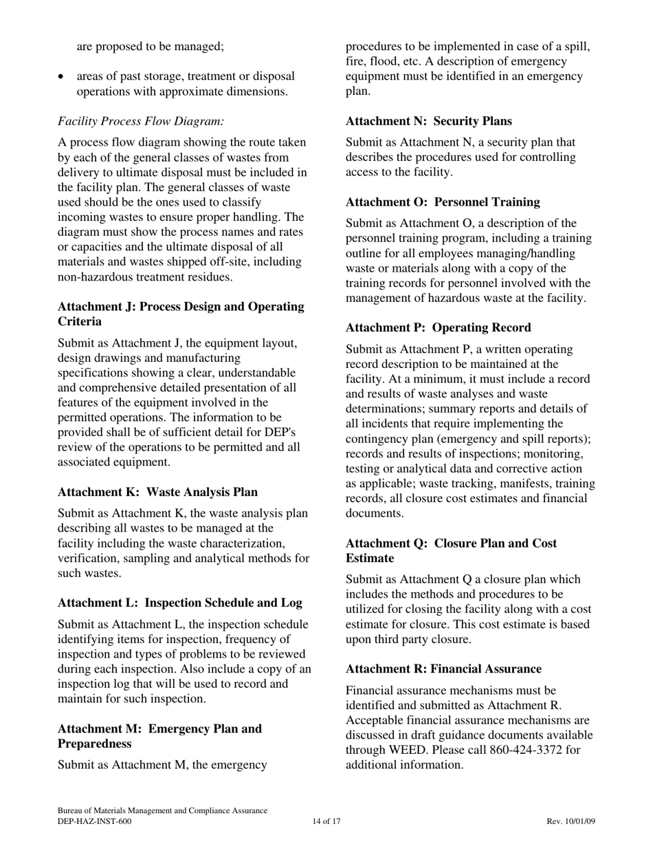 Instructions for Form DEP-HAZ-APP-600 Permit Application for Facilities Which Treat, Store or Dispose of Their Own Rcra Hazardous Waste - Connecticut, Page 14