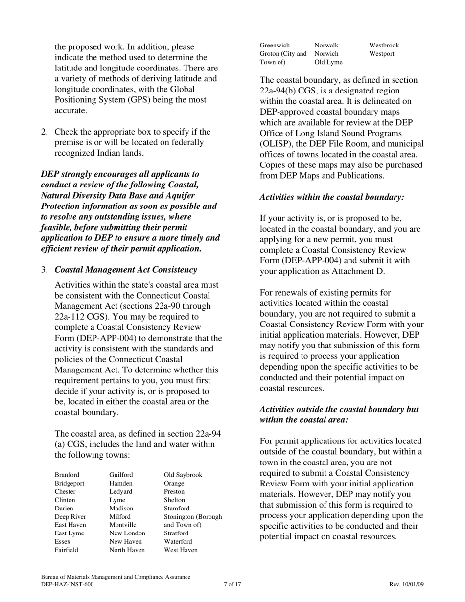 Instructions for Form DEP-HAZ-APP-600 Permit Application for Facilities Which Treat, Store or Dispose of Their Own Rcra Hazardous Waste - Connecticut, Page 7