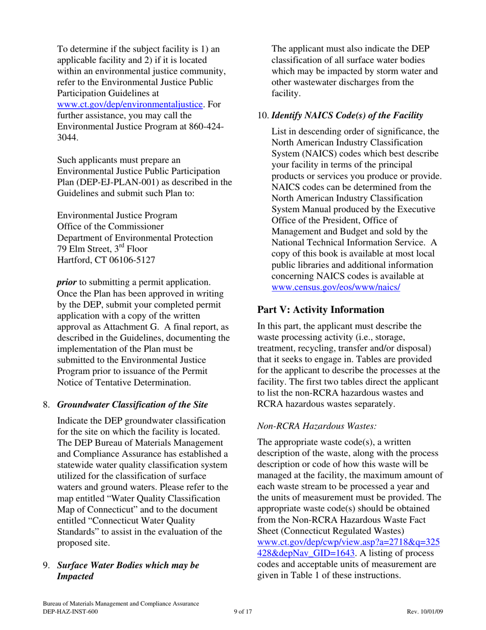 Instructions for Form DEP-HAZ-APP-600 Permit Application for Facilities Which Treat, Store or Dispose of Their Own Rcra Hazardous Waste - Connecticut, Page 9