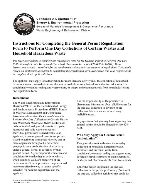 Instructions for Form DEEP-RCY-REG-007 General Permit Registration Form to Perform One Day Collections of Certain Wastes and Household Hazardous Waste - Connecticut