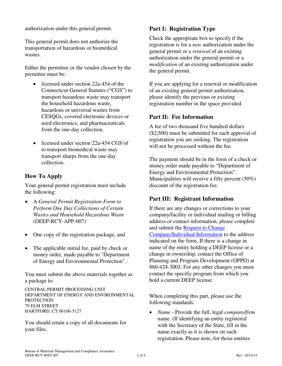 Instructions for Form DEEP-RCY-REG-007 General Permit Registration Form to Perform One Day Collections of Certain Wastes and Household Hazardous Waste - Connecticut, Page 2