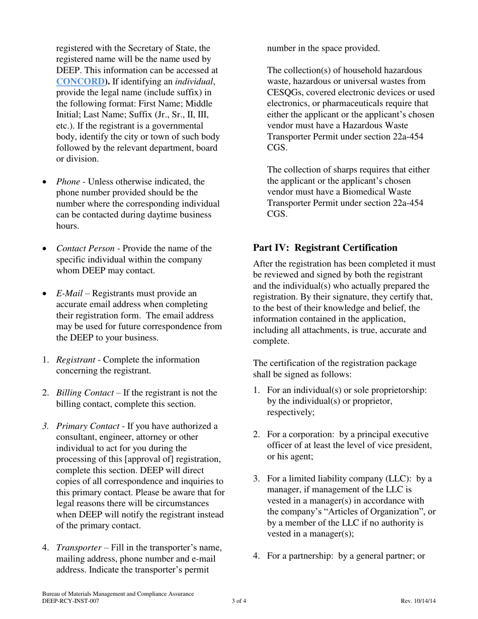 Instructions for Form DEEP-RCY-REG-007 General Permit Registration Form to Perform One Day Collections of Certain Wastes and Household Hazardous Waste - Connecticut, Page 3