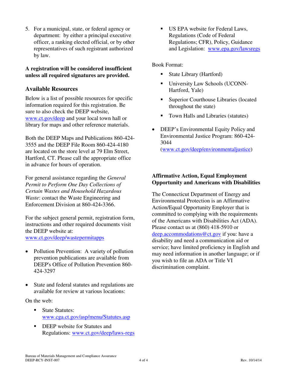 Instructions for Form DEEP-RCY-REG-007 General Permit Registration Form to Perform One Day Collections of Certain Wastes and Household Hazardous Waste - Connecticut, Page 4