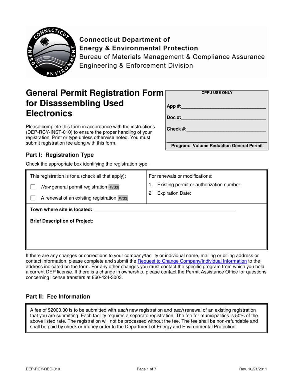 Form DEP-RCY-REG-010 General Permit Registration Form for Disassembling Used Electronics - Connecticut, Page 1