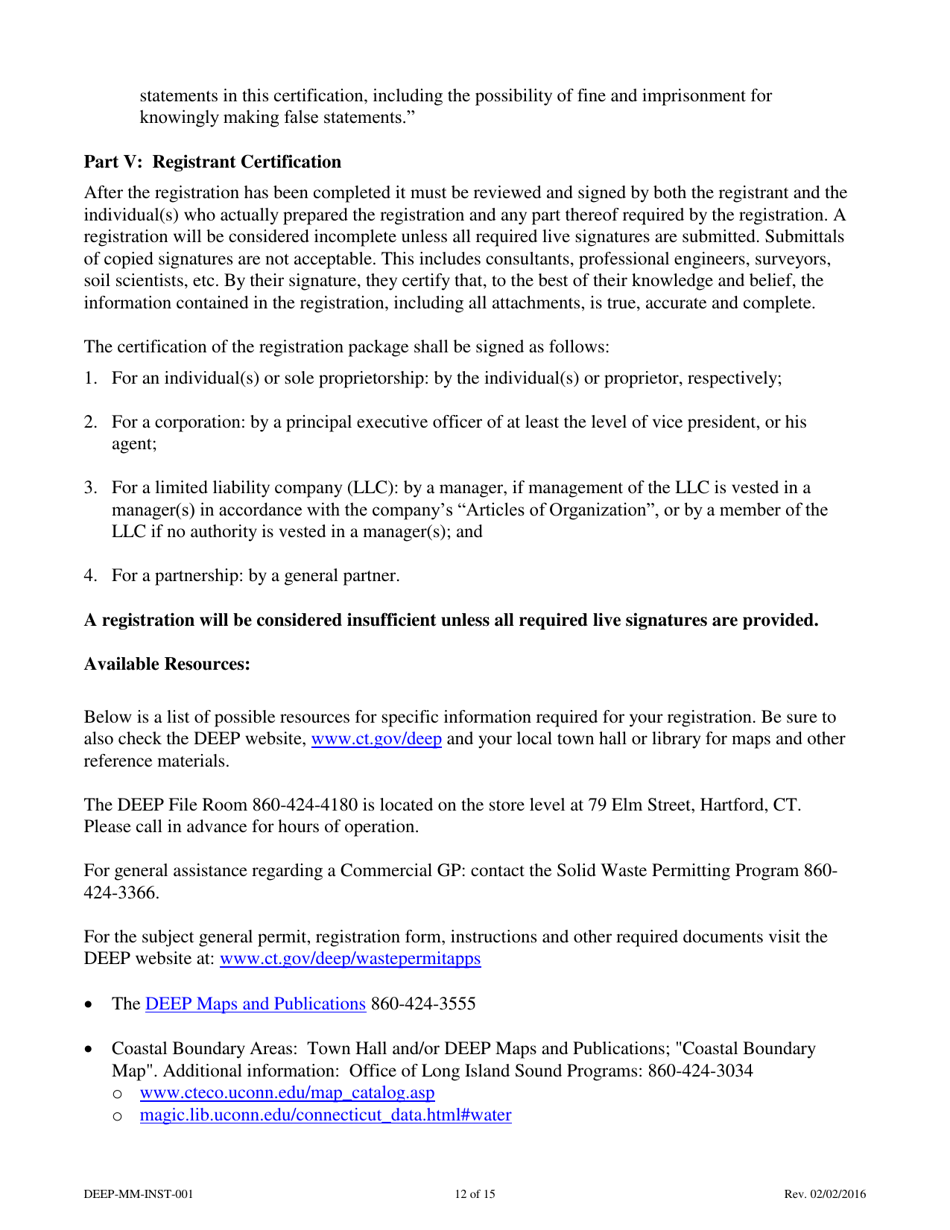 Instructions for Form DEEP-MM-REG-001 General Permit Registration Form to Construct and Operate a Commercial Facility for the Management of Recyclable Materials and Certain Solid Wastes - Connecticut, Page 12