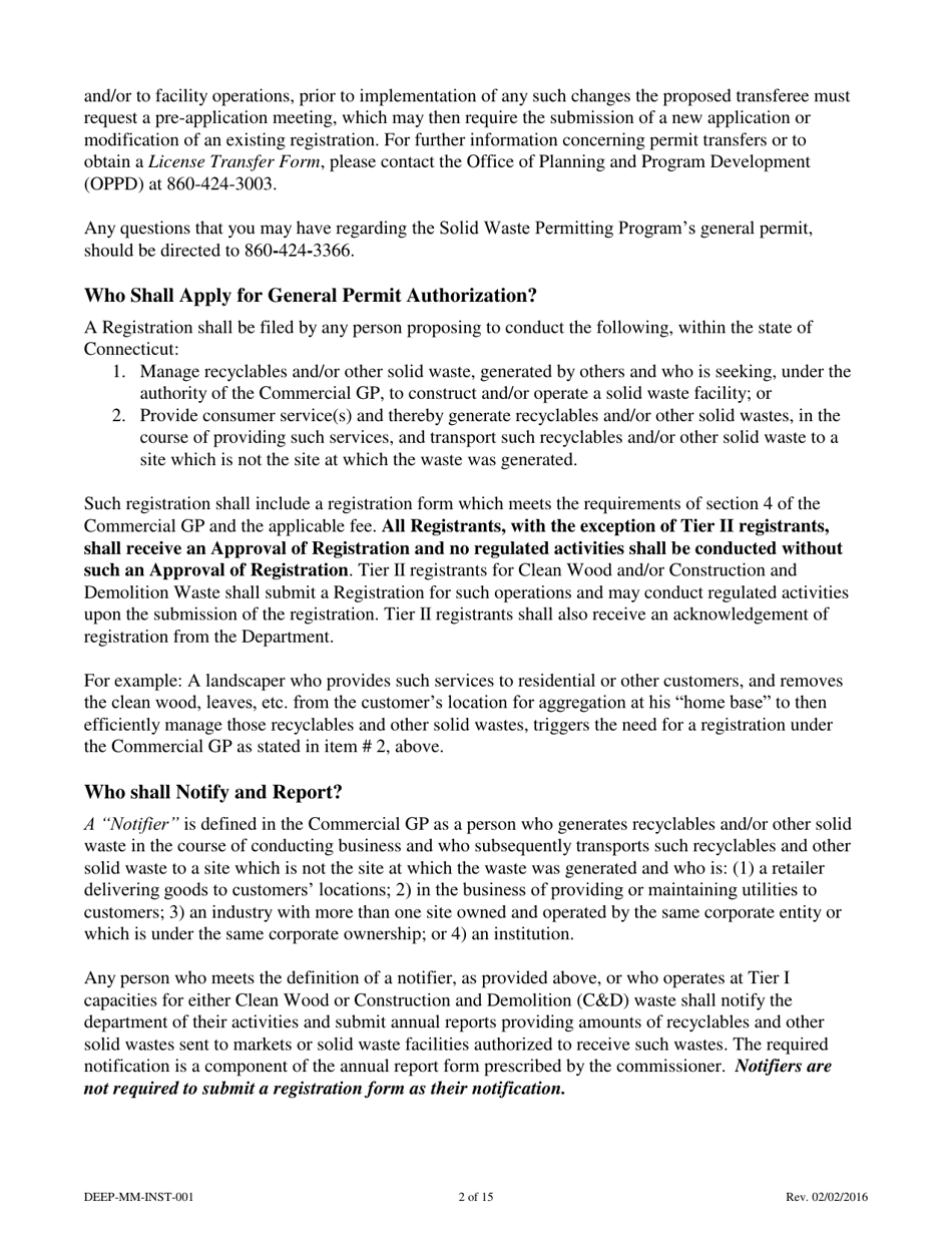Instructions for Form DEEP-MM-REG-001 General Permit Registration Form to Construct and Operate a Commercial Facility for the Management of Recyclable Materials and Certain Solid Wastes - Connecticut, Page 2